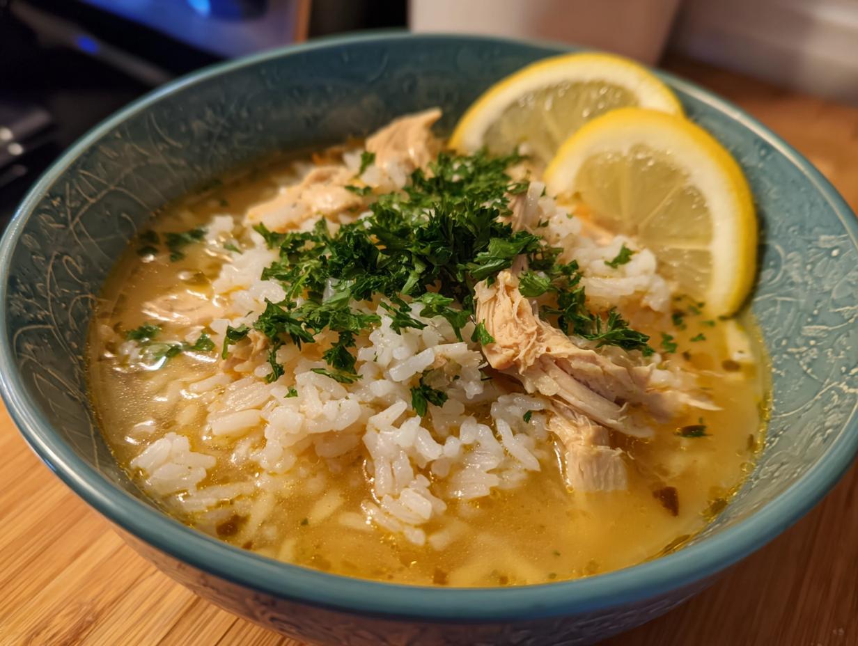 A close-up of a bowl of Instant Pot chicken and rice soup, garnished with fresh parsley and lemon slices.