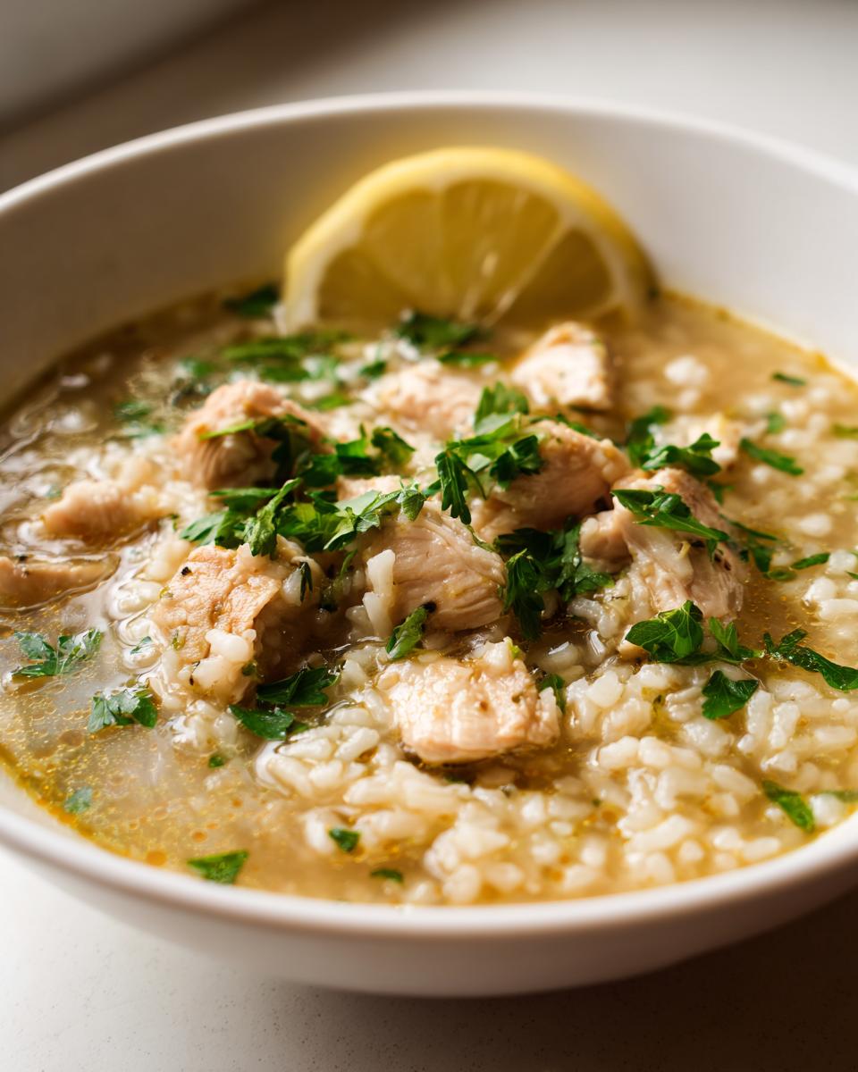 A close-up of a bowl of Instant Pot chicken and rice soup, garnished with lemon and parsley.