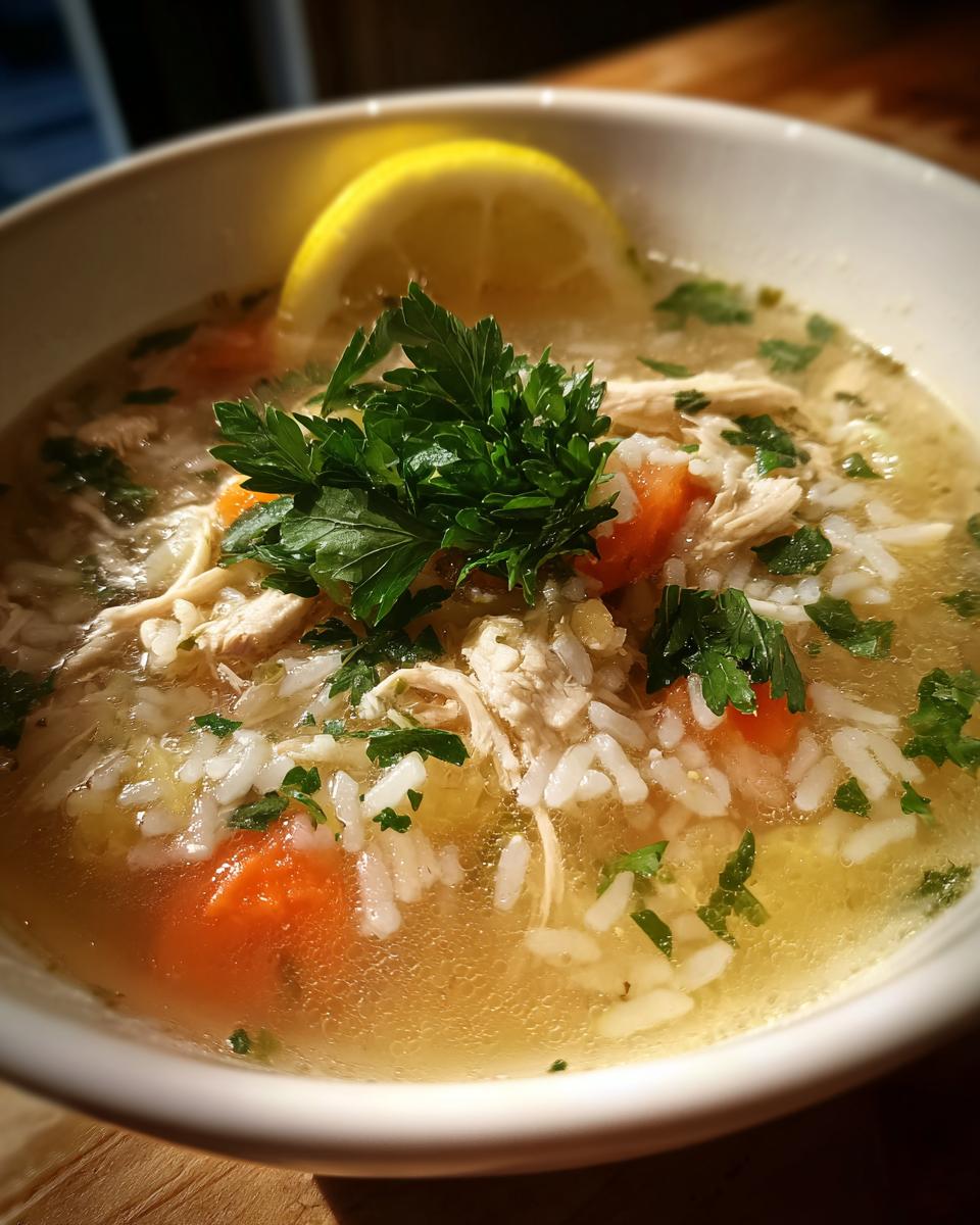 A close-up of a bowl of Instant Pot chicken and rice soup, garnished with fresh parsley and a lemon slice.