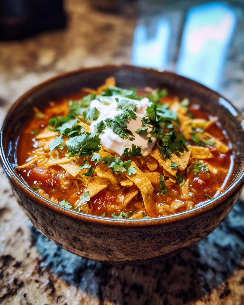 A close-up of a bowl of Instant Pot chicken tortilla soup topped with sour cream, cilantro, and tortilla strips.