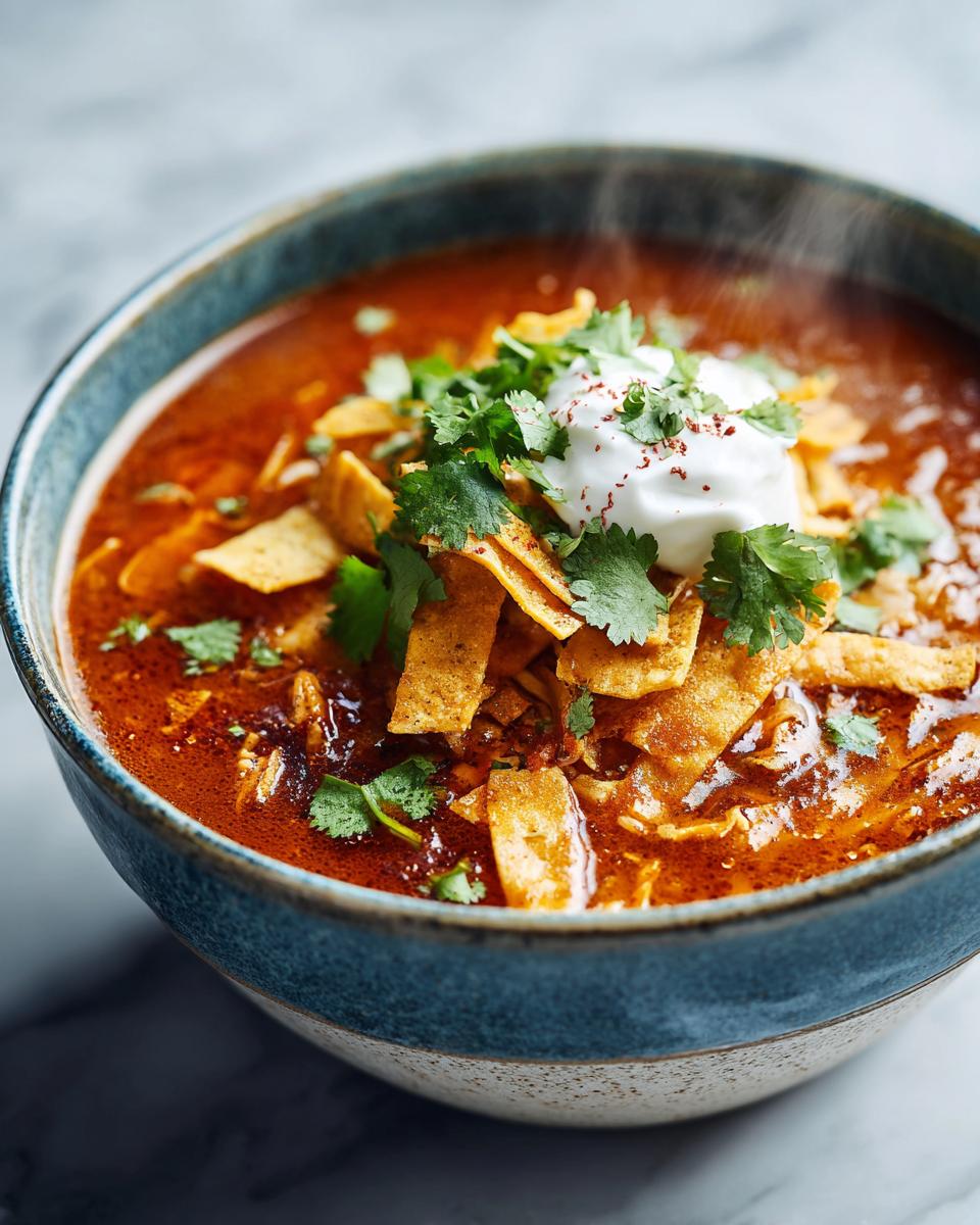 A close-up of a bowl of steaming Instant Pot chicken tortilla soup topped with tortilla strips, cilantro, and a dollop of sour cream.