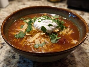 A close-up of a bowl of Instant Pot chicken tortilla soup topped with sour cream, shredded cheese, tortilla strips, and cilantro.