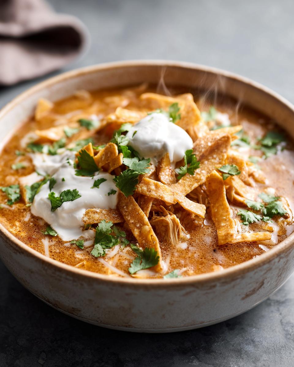 A steaming bowl of Instant Pot chicken tortilla soup topped with sour cream, cilantro, and crispy tortilla strips.