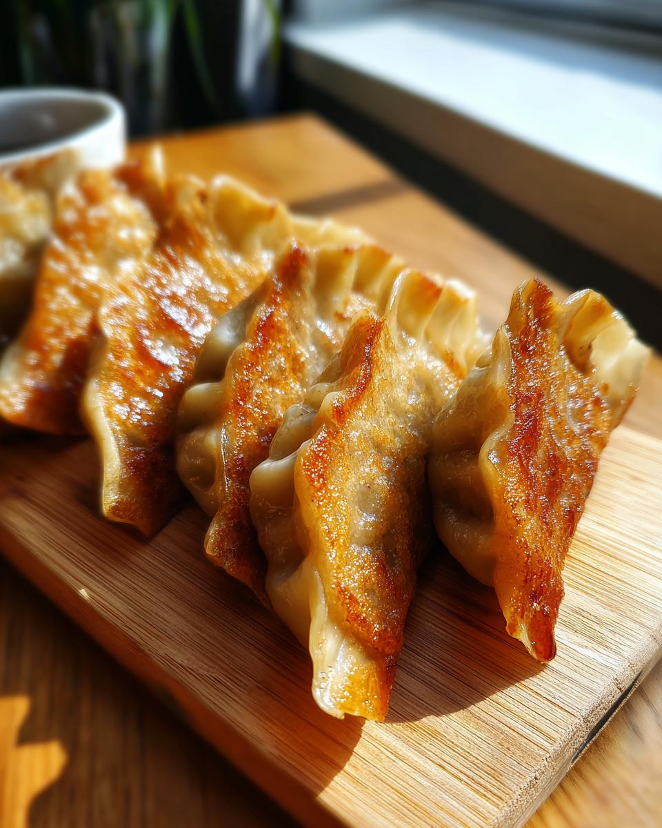 A close-up shot of perfectly pan-fried pork dumplings arranged on a wooden board, ready to be enjoyed.