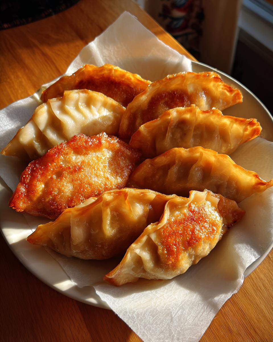 A plate of perfectly pan-fried pork dumplings, showcasing their golden-brown crispy bottoms and tender tops.