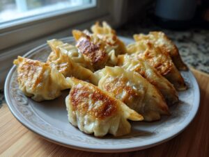 A close-up of a plate filled with golden-brown, pan-fried pork dumplings, showcasing their crispy bottoms and tender wrappers.
