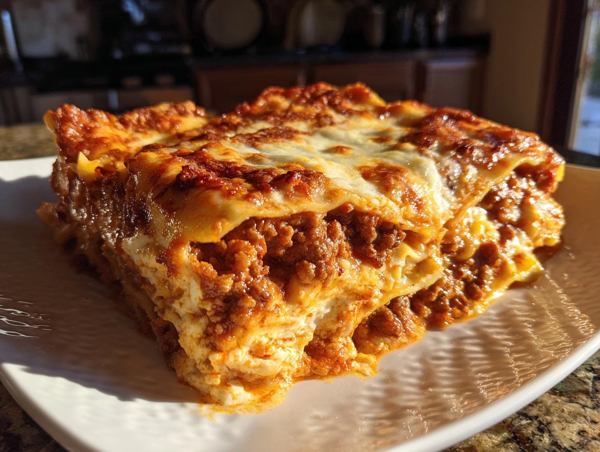 A close-up of a generous slice of homemade lasagna, showcasing its rich meat sauce, creamy cheese, and pasta layers.