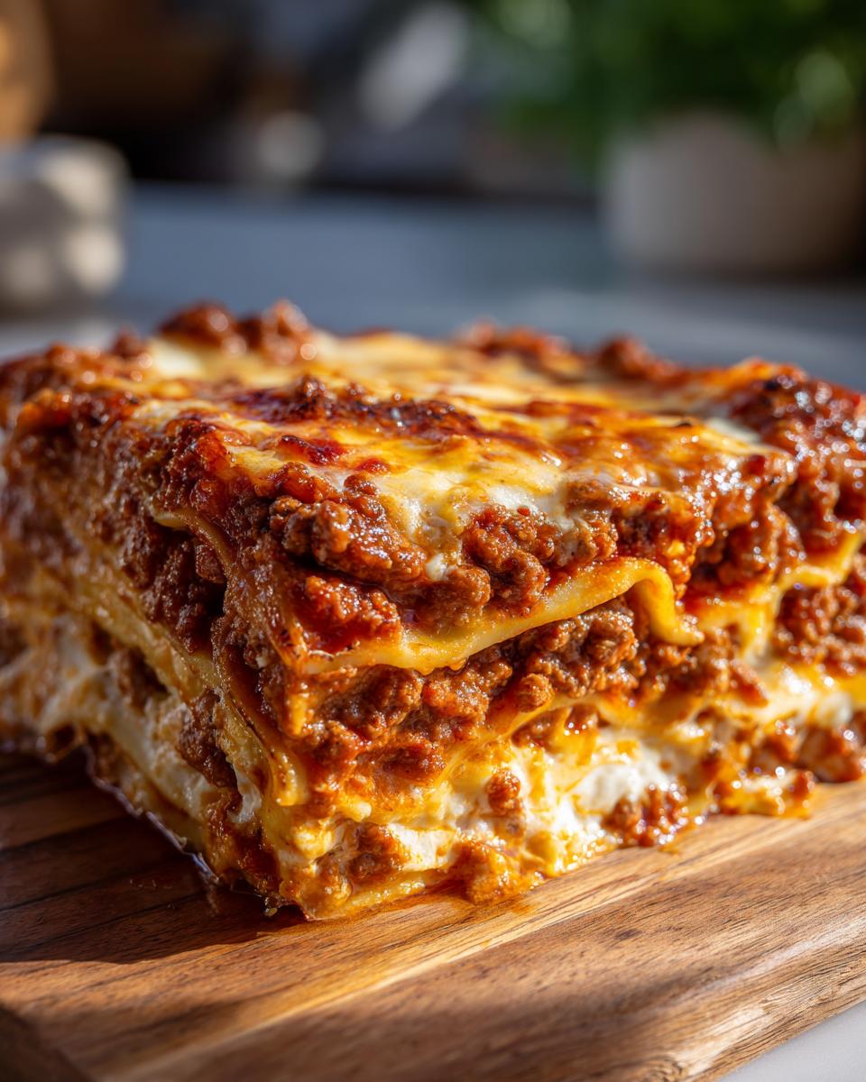 A close-up of a perfectly layered slice of lasagna with rich meat sauce and melted cheese on a wooden board.
