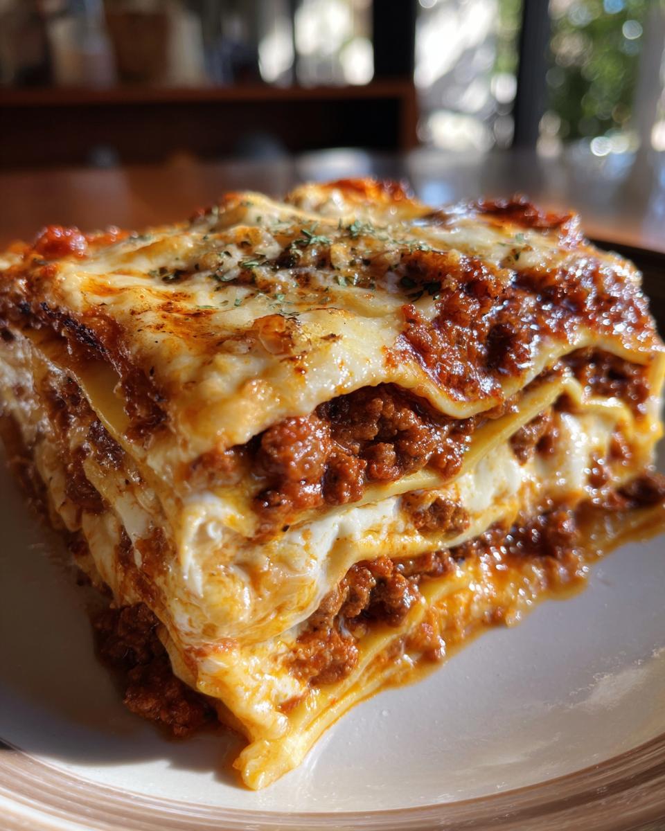 A close-up view of a perfectly layered slice of lasagna, featuring rich meat sauce and melted cheese.