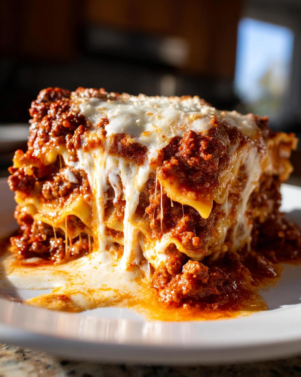 A mouthwatering slice of homemade lasagna, featuring rich meat sauce and gooey melted cheese.
