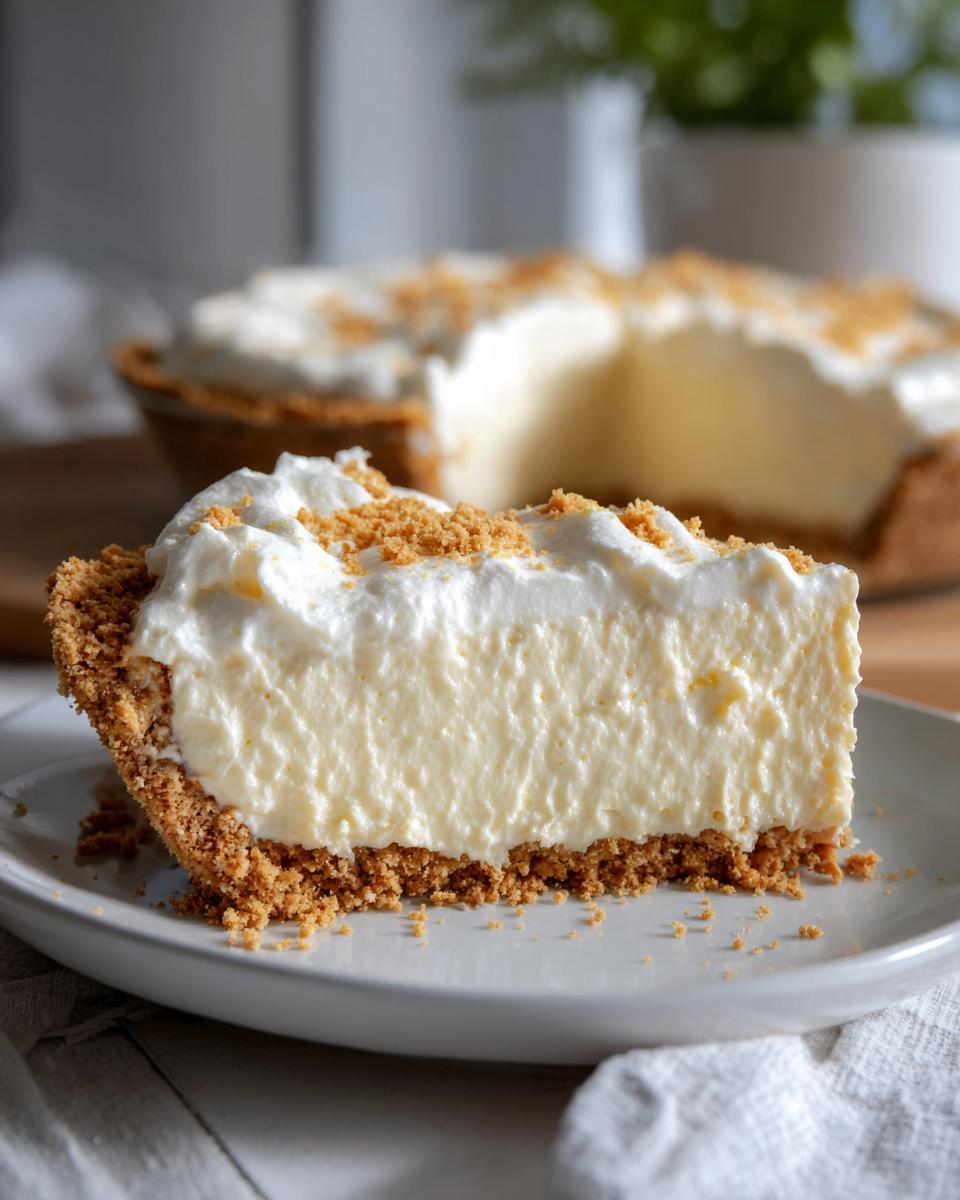 A close-up of a slice of creamy lemon icebox pie with a graham cracker crust and whipped topping.