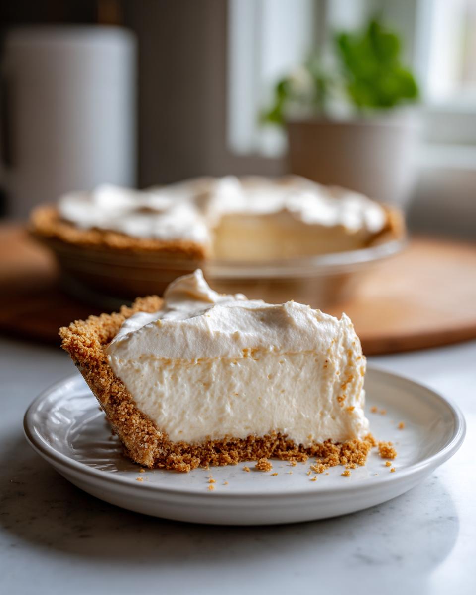 A close-up of a slice of lemon icebox pie with a graham cracker crust and fluffy whipped topping.