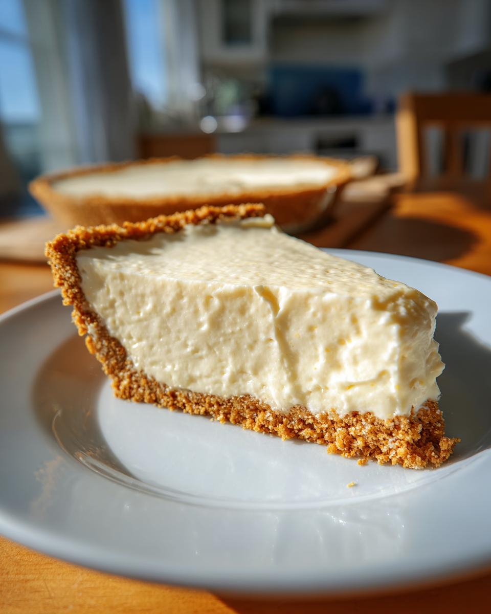 A close-up of a slice of creamy lemon icebox pie with a graham cracker crust on a white plate.