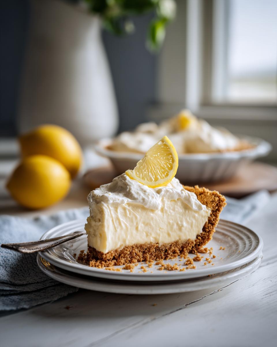 A creamy slice of lemon icebox pie topped with whipped cream and a lemon slice, on a white plate.