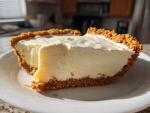 A close-up of two slices of creamy lemon icebox pie with a graham cracker crust on a white plate.