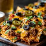 Close-up of loaded sheet pan nachos topped with melted cheese, seasoned ground beef, black olives, and jalapeños.