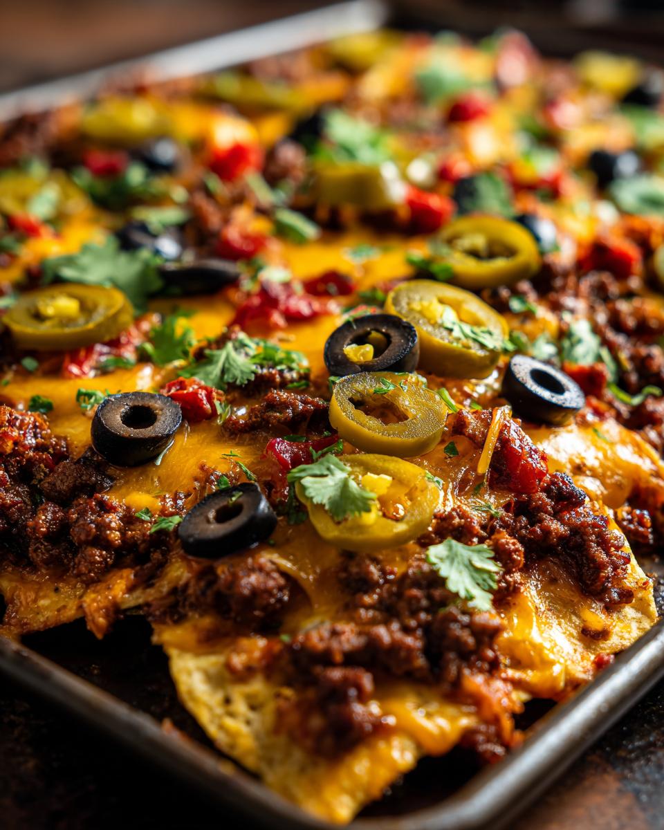 Close-up of loaded sheet pan nachos with ground beef, melted cheese, jalapenos, olives, and cilantro.