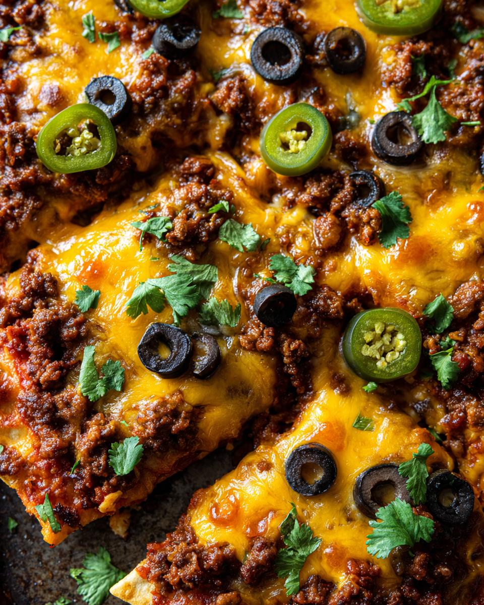 Close-up of loaded sheet pan nachos topped with melted cheese, seasoned ground beef, black olives, jalapenos, and cilantro.