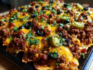 Close-up of loaded sheet pan nachos topped with seasoned ground beef, melted cheese, black olives, jalapenos, and cilantro.