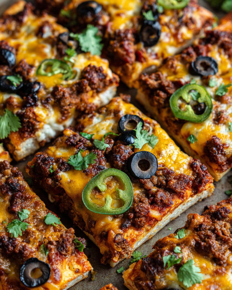 Close-up of loaded sheet pan nachos topped with seasoned ground beef, melted cheese, jalapenos, olives, and cilantro.