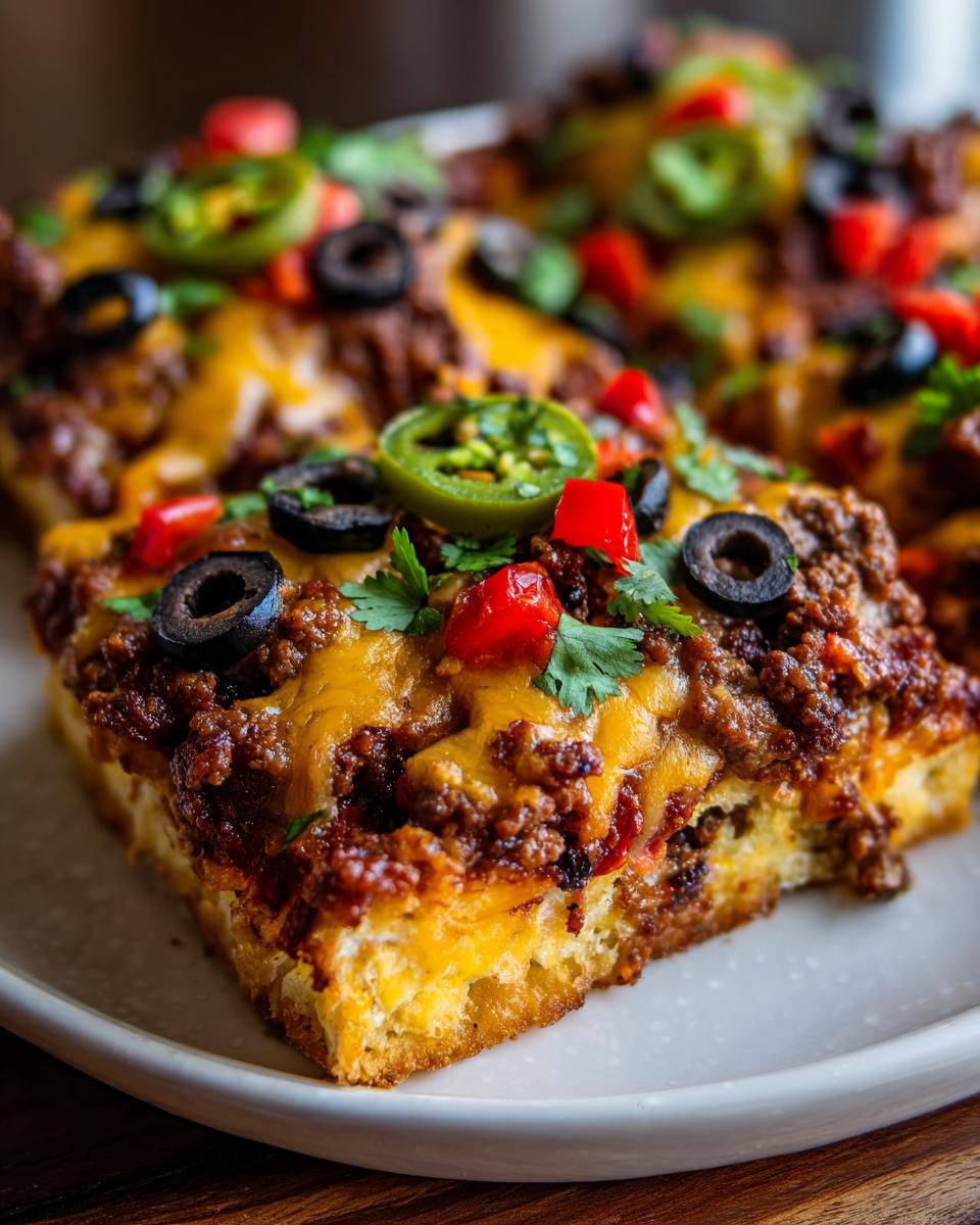 A close-up of a slice of loaded sheet pan nachos, topped with ground beef, cheese, olives, jalapeños, and tomatoes.