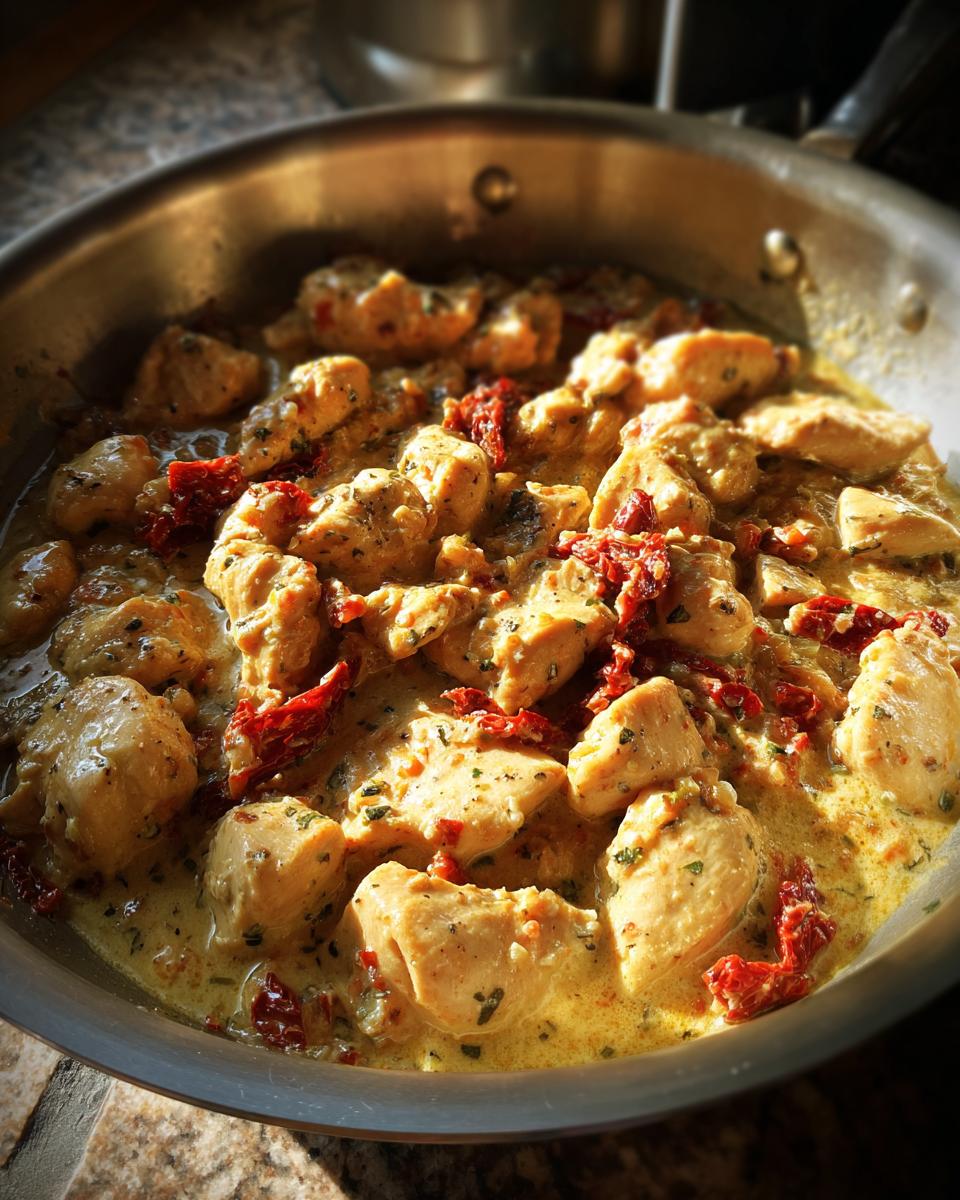 Close-up of Marry Me Chicken pieces in a creamy sauce with sun-dried tomatoes and herbs in a skillet.