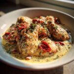 Close-up of Marry Me Chicken pieces in a rich, creamy sauce with sun-dried tomatoes and herbs.