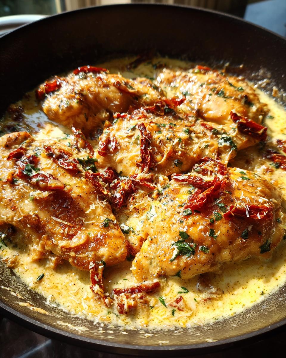 Close-up of Marry Me chicken breasts simmering in a rich, creamy sauce with sun-dried tomatoes and parsley.