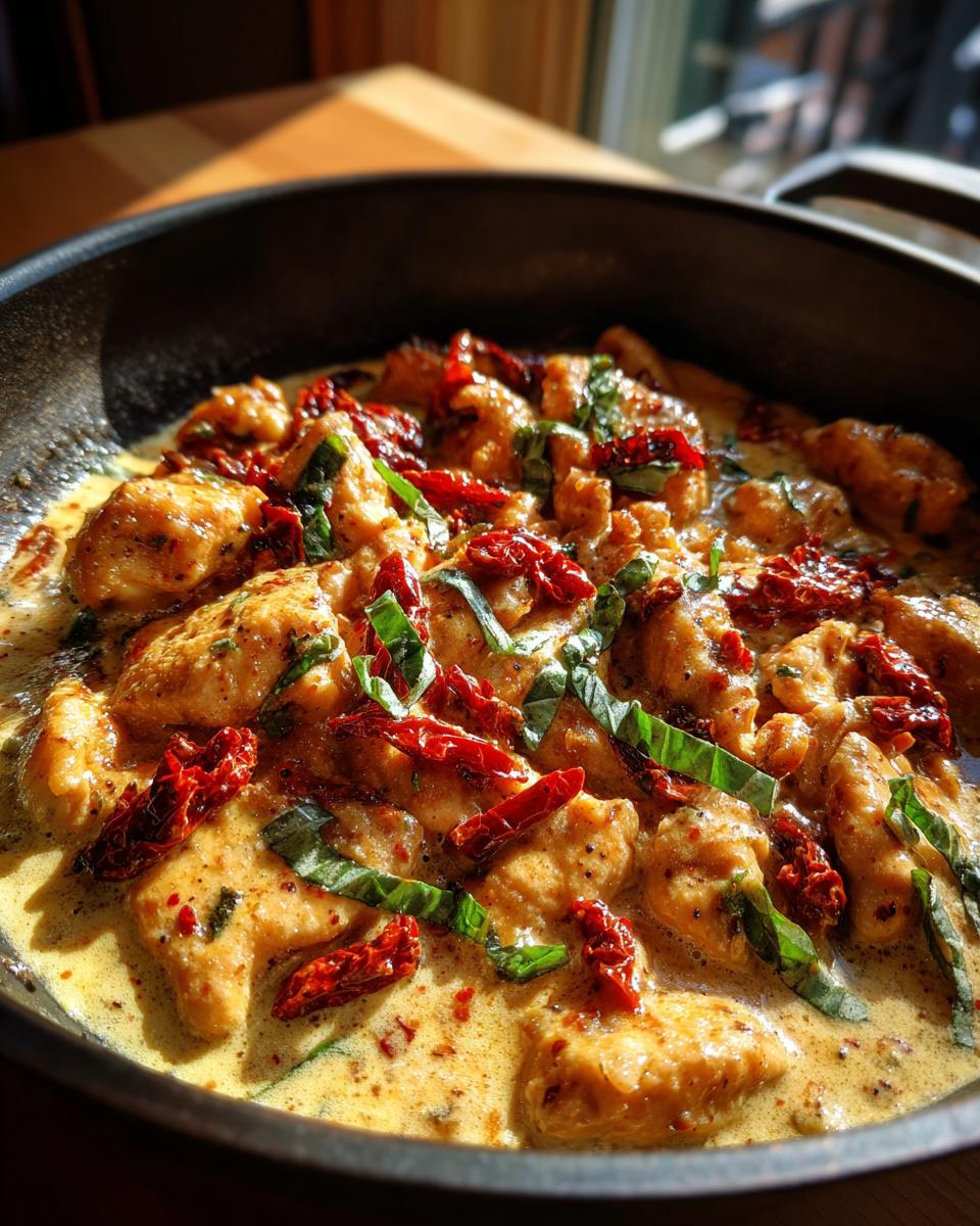 Close-up of Marry Me Chicken in a creamy sauce with sun-dried tomatoes and basil.
