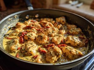 Close-up of Marry Me chicken pieces simmering in a creamy sauce with sun-dried tomatoes and herbs in a black skillet.
