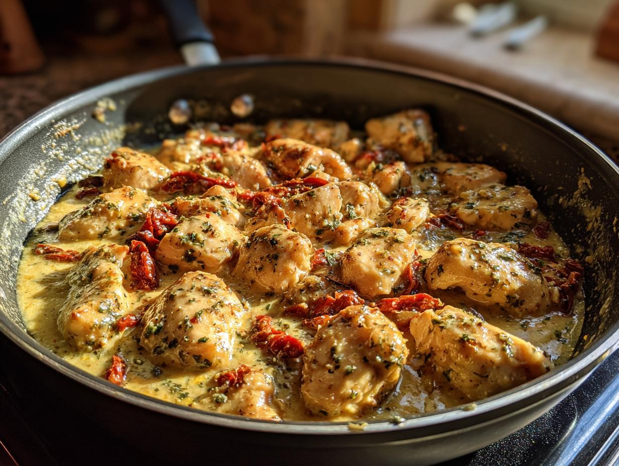 Close-up of Marry Me chicken pieces simmering in a creamy sauce with sun-dried tomatoes and herbs in a black skillet.