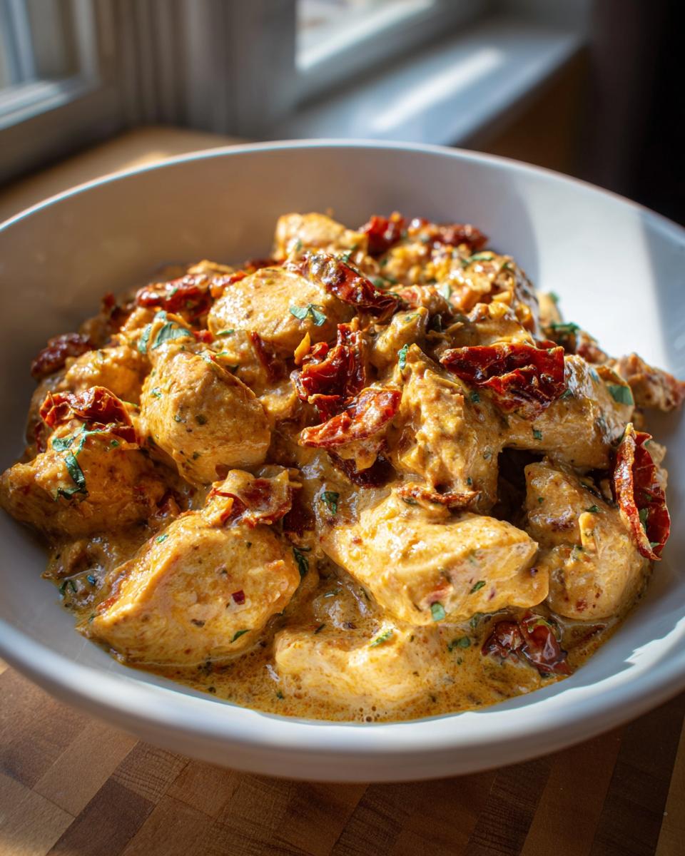 A close-up of creamy Marry Me chicken dish topped with sun-dried tomatoes and fresh herbs.