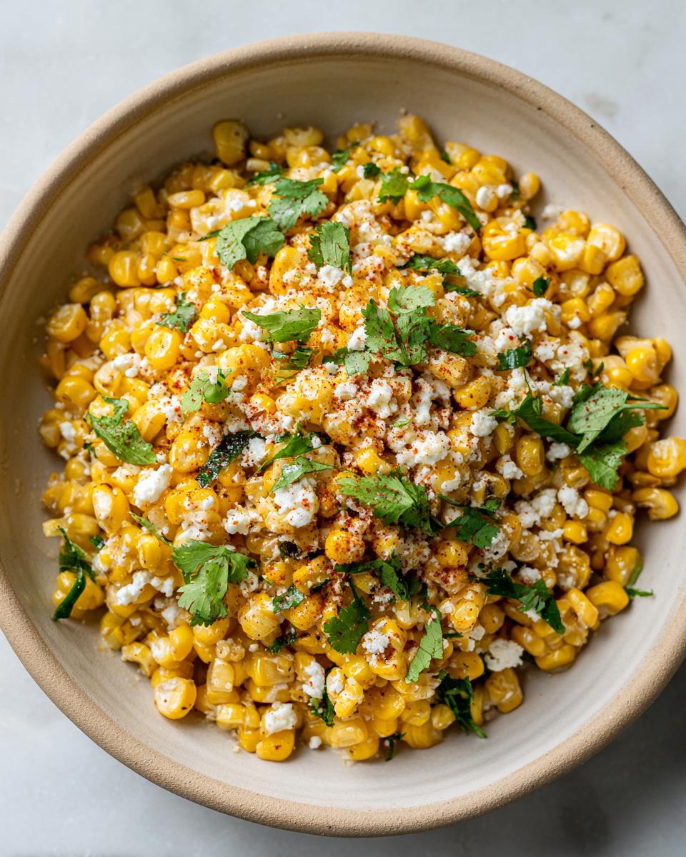 A close-up of Mexican street corn salad in a bowl, topped with crumbled cheese and cilantro.