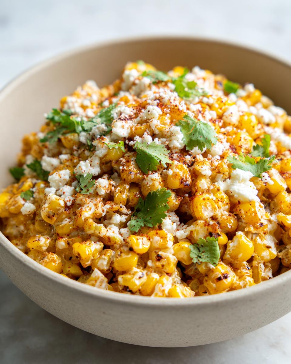 Close-up of a bowl filled with Mexican street corn salad, topped with crumbled cotija cheese and cilantro.