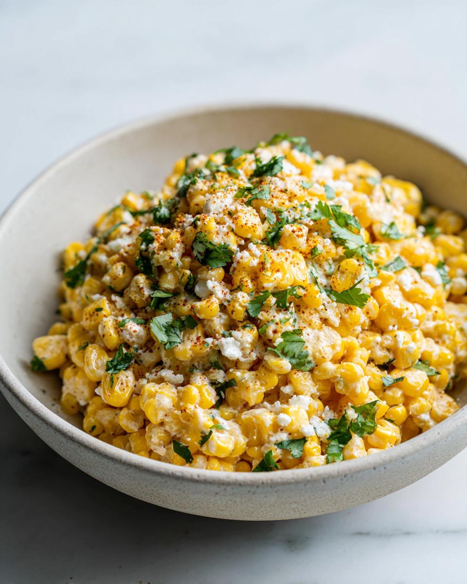 Close-up of a bowl filled with creamy Mexican street corn salad, topped with crumbled cheese and cilantro.
