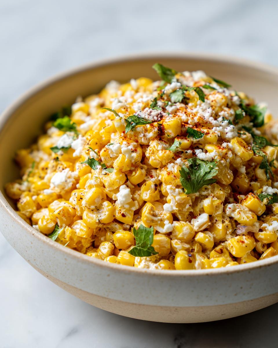 Close-up of a bowl filled with creamy Mexican street corn salad, topped with crumbled cheese and cilantro.