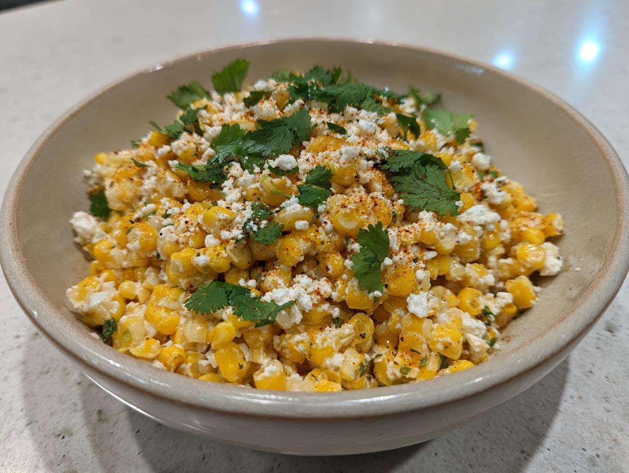 A close-up of a bowl filled with Mexican street corn salad, featuring corn, crumbled cheese, cilantro, and chili powder.