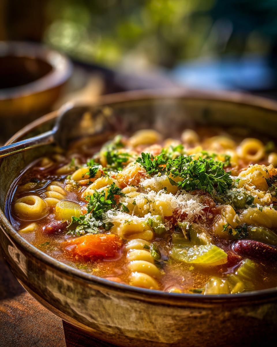 A close-up of a steaming bowl of delicious Minestrone soup, filled with pasta, beans, vegetables, and topped with fresh parsley and grated cheese.