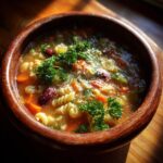 A close-up of a steaming bowl of Minestrone soup filled with pasta, beans, carrots, and herbs, topped with grated cheese.