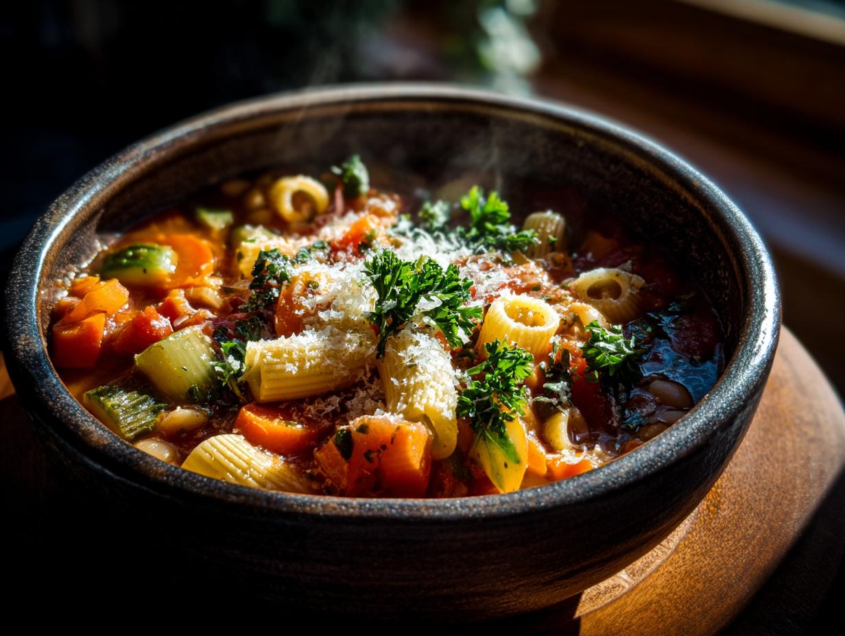 A steaming bowl of delicious Minestrone soup, filled with pasta, carrots, zucchini, beans, and garnished with parsley and Parmesan cheese.