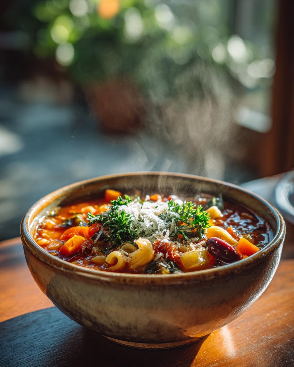 A close-up of a steaming bowl of hearty Minestrone soup, topped with fresh parsley and grated Parmesan cheese.
