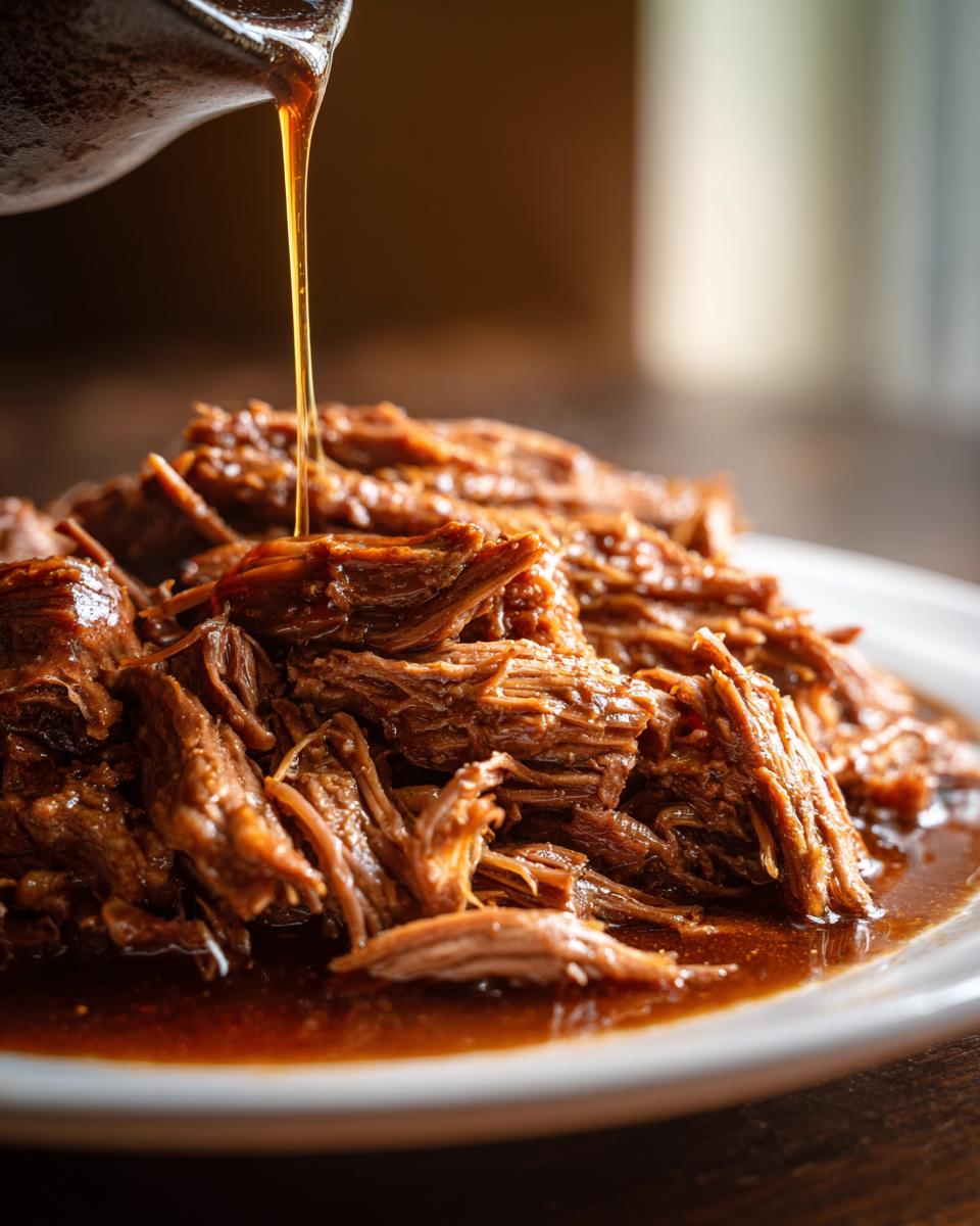 Close-up of tender, shredded Mississippi pot roast being drizzled with rich brown gravy.