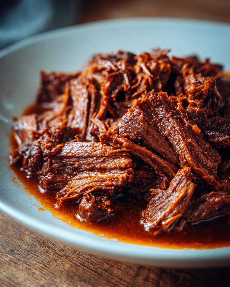 Close-up of shredded Mississippi pot roast in a rich, brown sauce on a white plate.