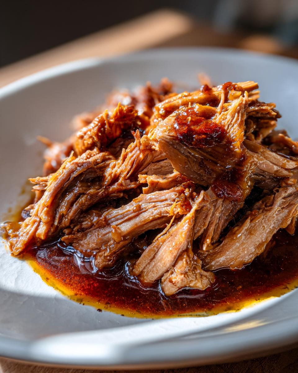 Close-up of shredded Mississippi pot roast in a rich, glossy sauce on a white plate.