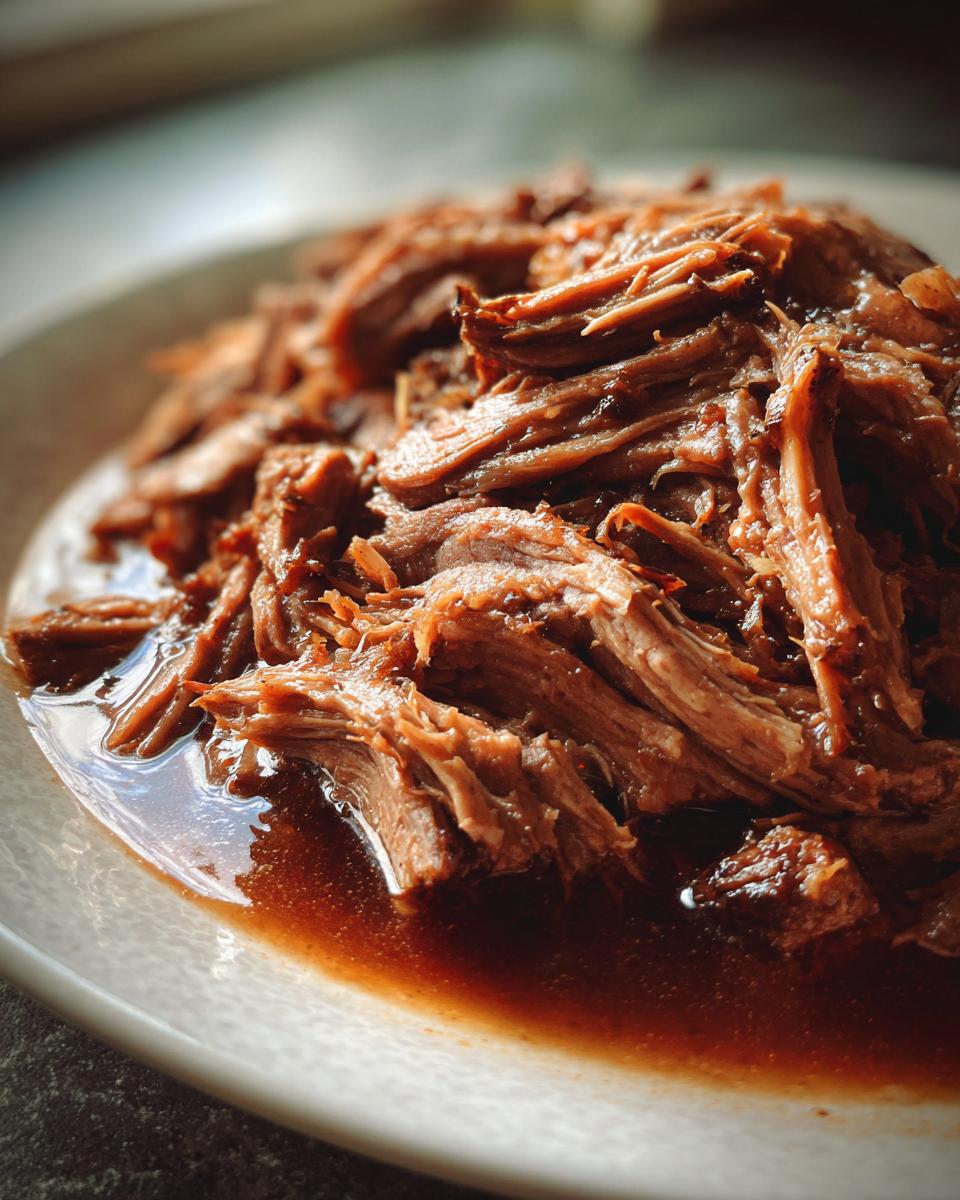 Close-up of a white plate filled with tender, shredded Mississippi pot roast in its own rich juices.