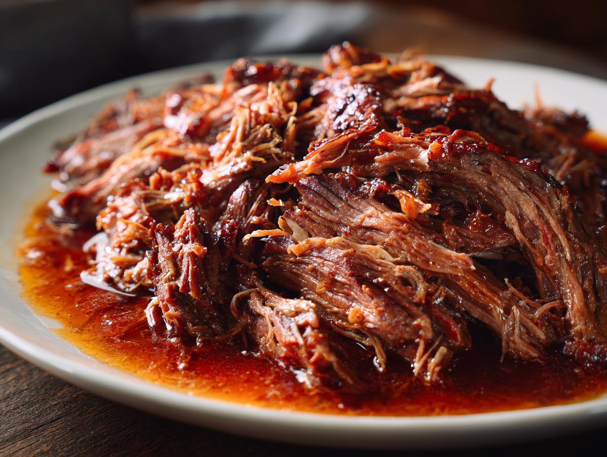 Close-up of a plate piled high with shredded Mississippi pot roast in a rich, savory sauce.