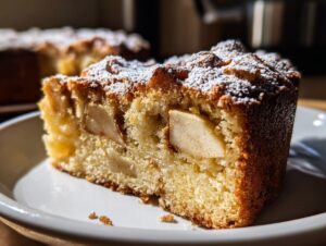 A close-up of a moist apple cake slice, dusted with powdered sugar, showcasing tender apple chunks.