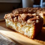 A close-up of a moist coffee cake slice with a generous cinnamon streusel topping on a wooden board.