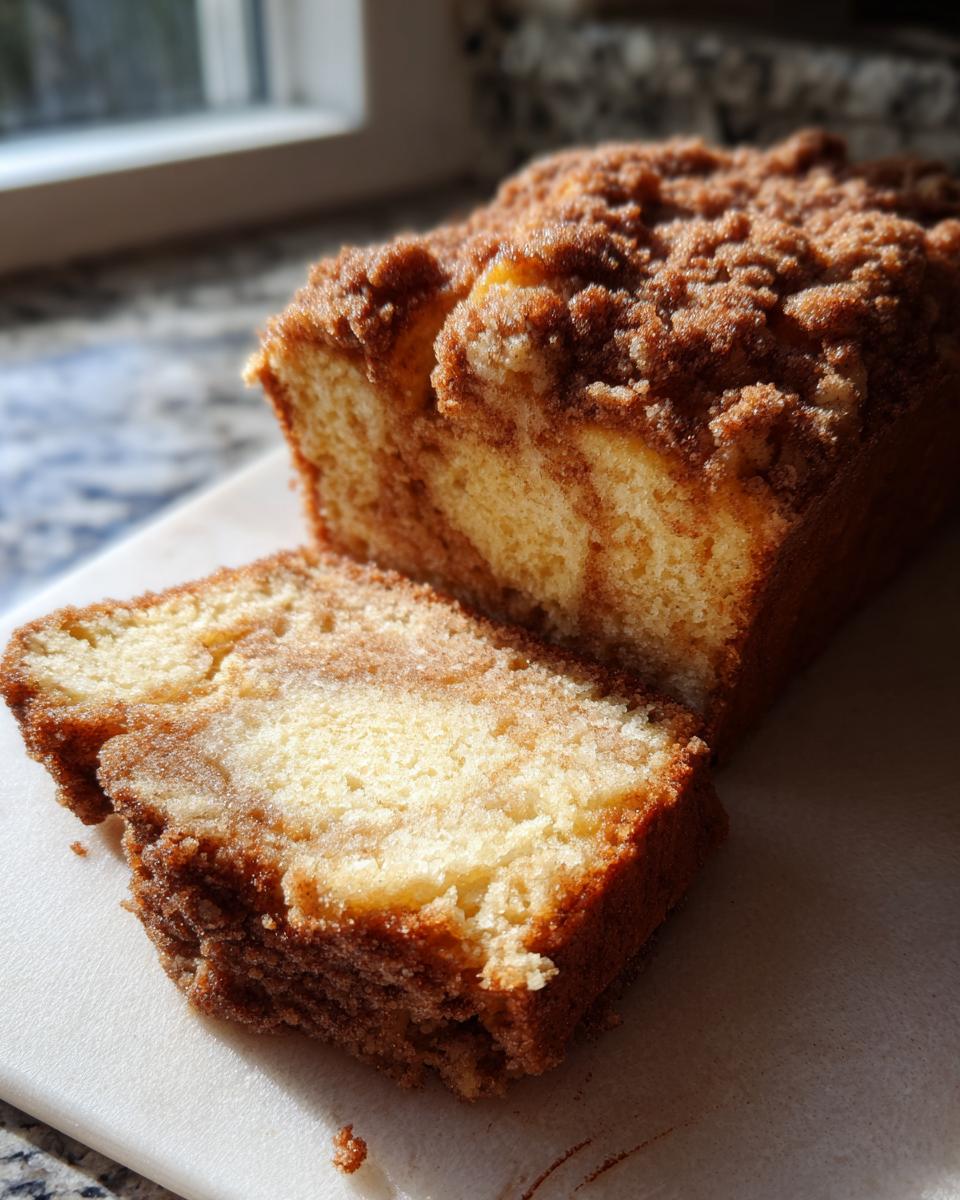 A slice of moist coffee cake with a cinnamon swirl and crumb topping, ready to be enjoyed.