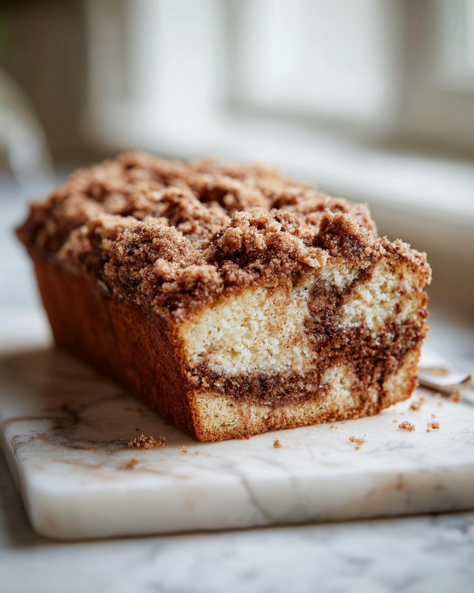 A slice of moist coffee cake with a crumbly streusel topping and a marbled cinnamon swirl inside.